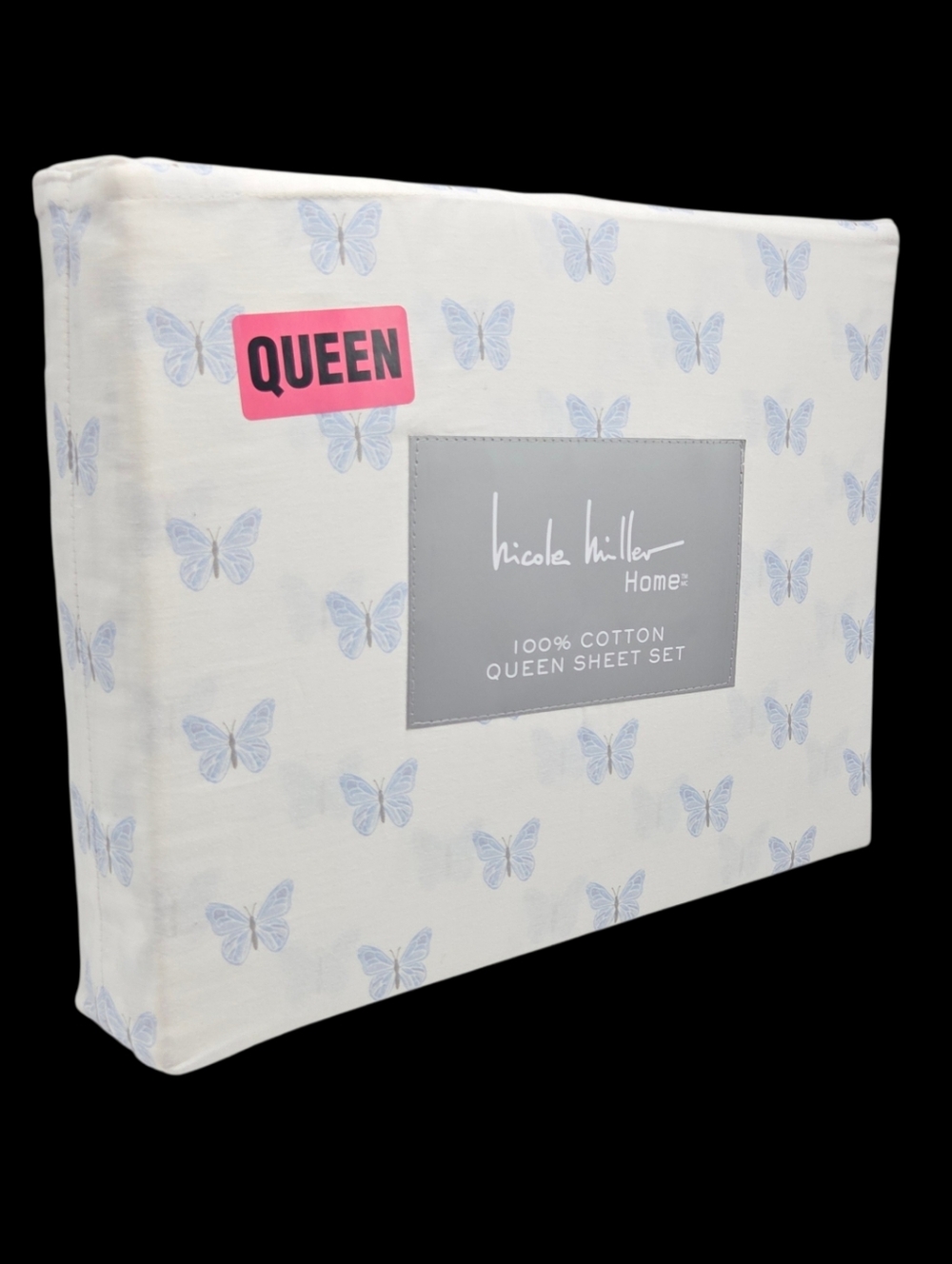 Nicole Miller Queen Sheet Set of 4pc White Blue Butterfly Print 100% Cotton